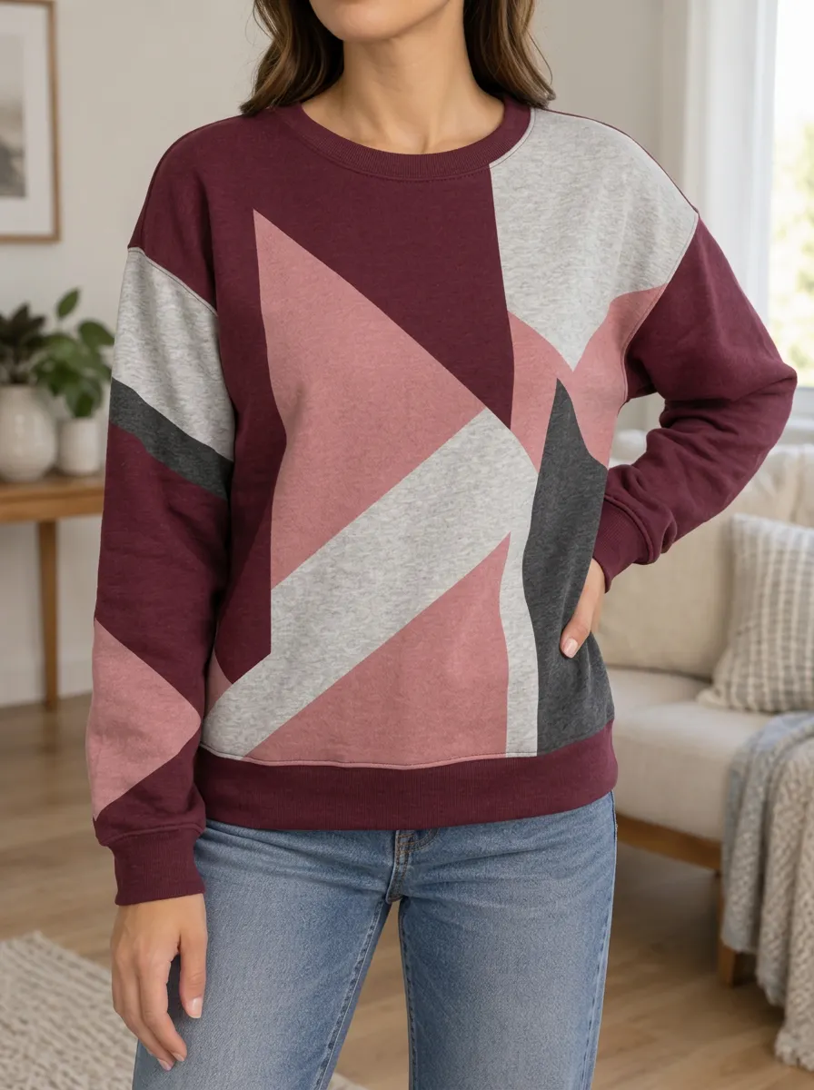 Women's Burgundy Colorblock Geometric Print Sweatshirt