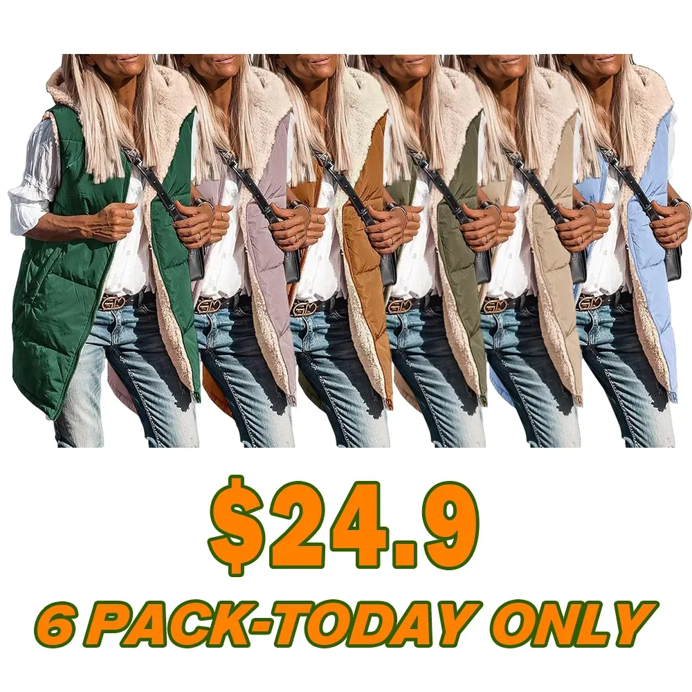 Women's military green double-faced fleece vest with pockets and a hood, long zip-up coat