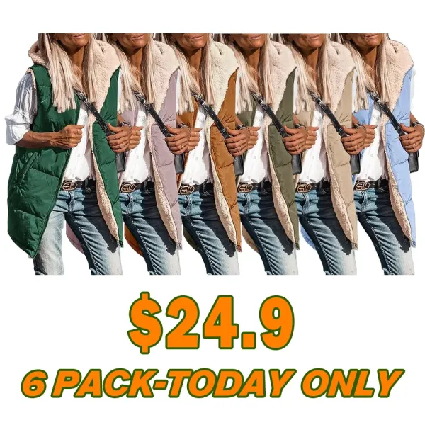 Women's military green double-faced fleece vest with pockets and a hood, long zip-up coat