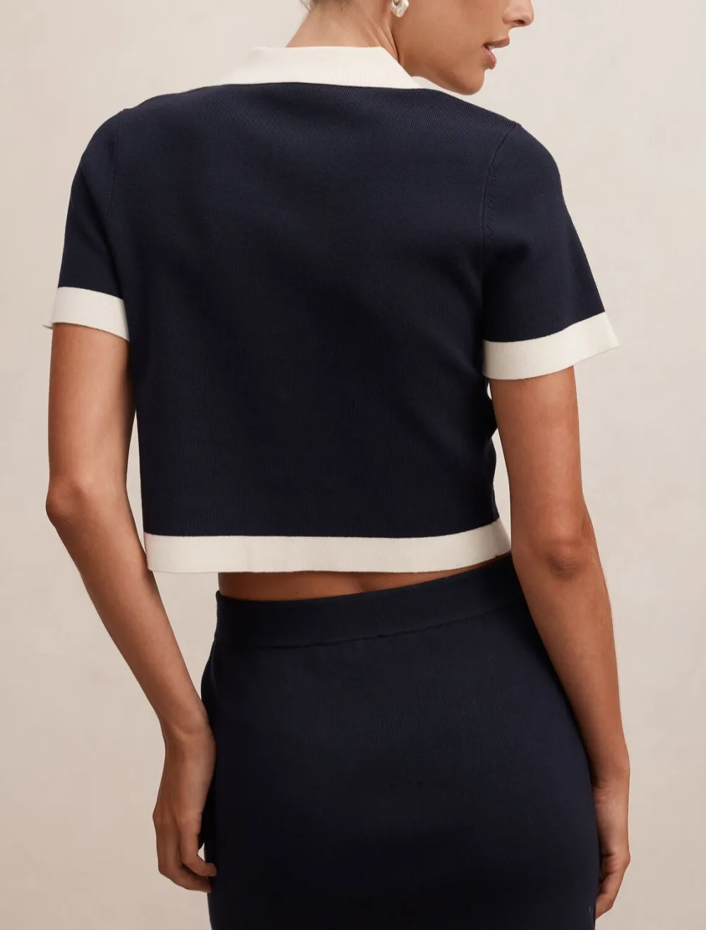 Navy White Trim Knit Button-Through Crop Top