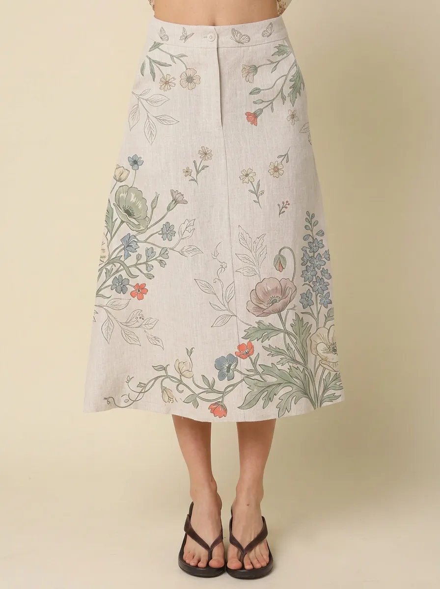 Women's A-Line Botanical Garden Floral Butterfly Printed Midi Skirt