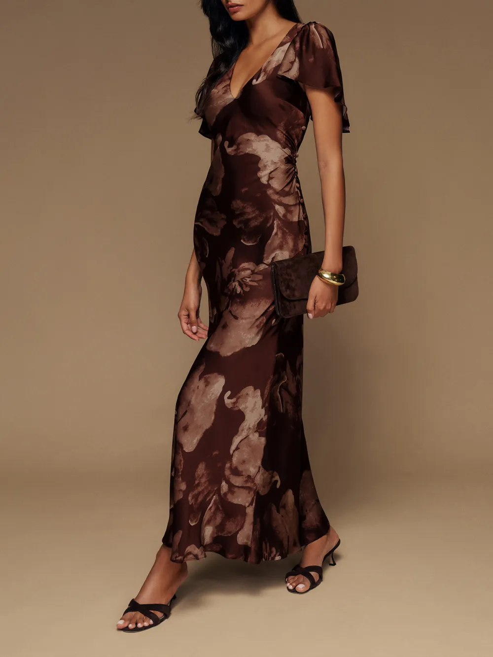 V Neck Flutter Sleeve Floral Maxi Dress