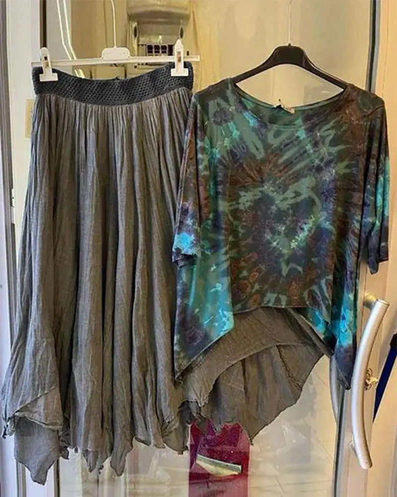 Floral Print Irregular Hem Two Piece Suit
