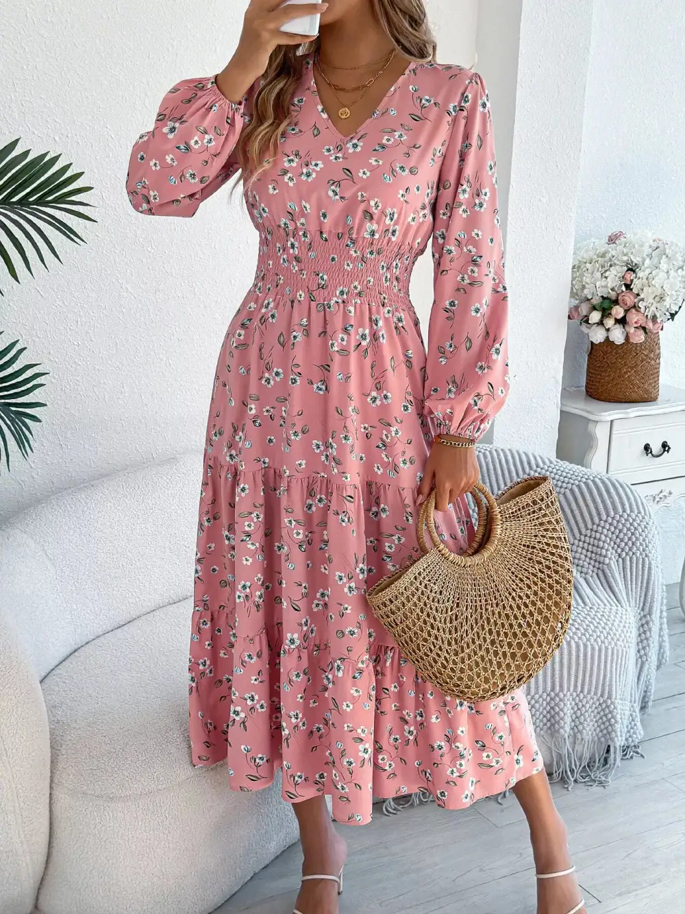 Structured Shape Floral Printed V Neck Midi Dress