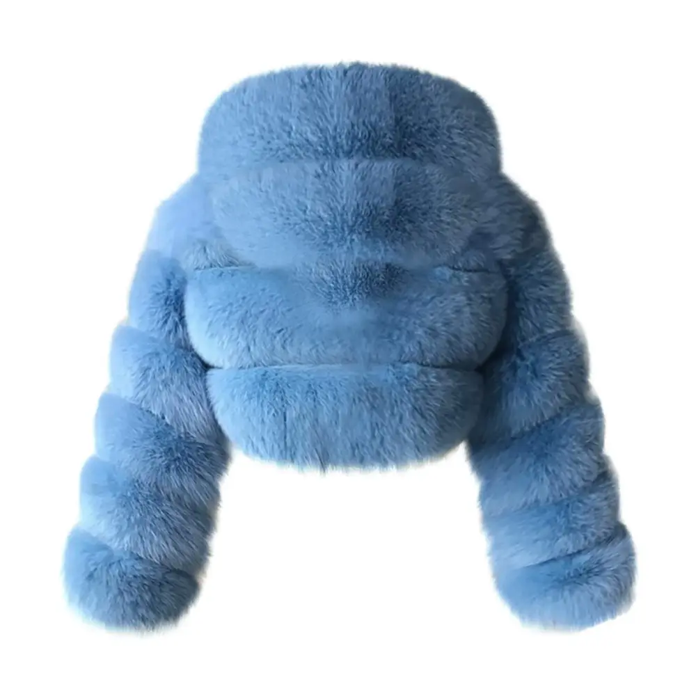 Sky Blue Faux Fur Coat Women with Hood Cropped Bubble Coats Fleece Short Warm Jackets Plus Size Winter Coats for Women