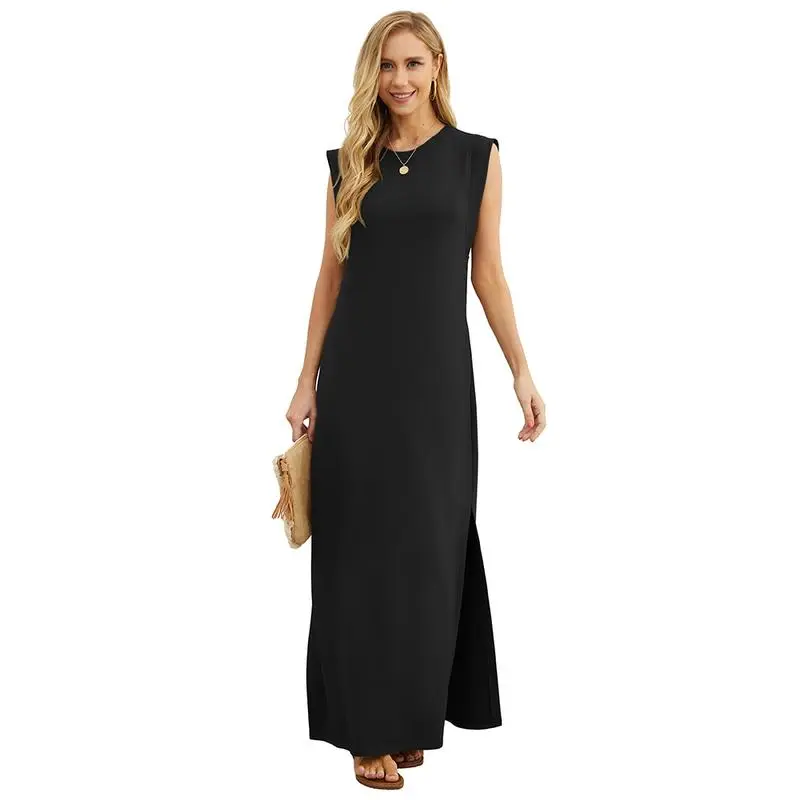 6PACK-Summer Round Neck Casual Loose Split Wrinkle-Free Long  Dress