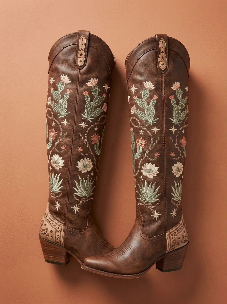 Women's Western Cactus Floral Star Embroidered Almond-Toe Block-Heel Denim Over-the-Knee Boots