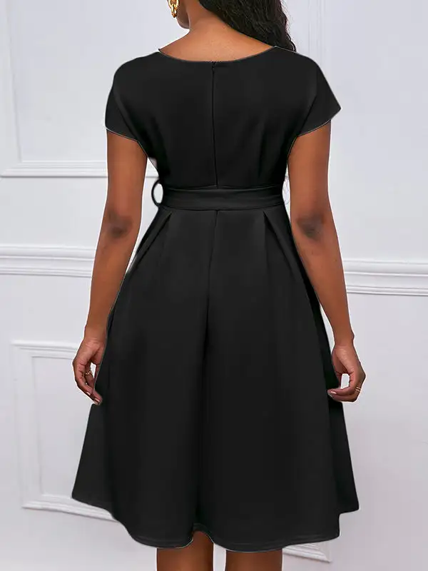 Bowknot Lace Up Solid Color V Neck Midi Dress
