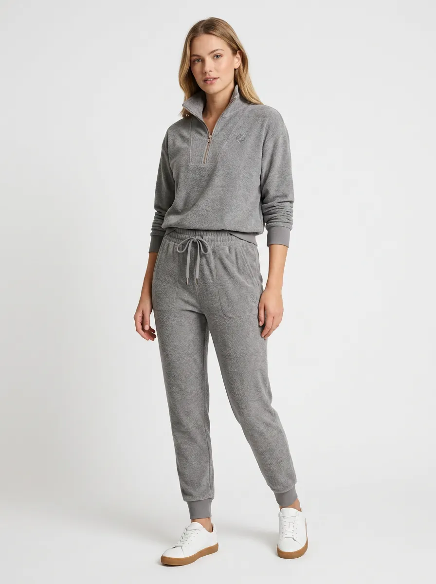 Women's Casual Loungewear Grey Fleece Quarter-Zip Jogger Set