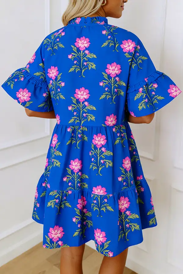 Relaxed Shape Floral V Neck Short Sleeve Dress