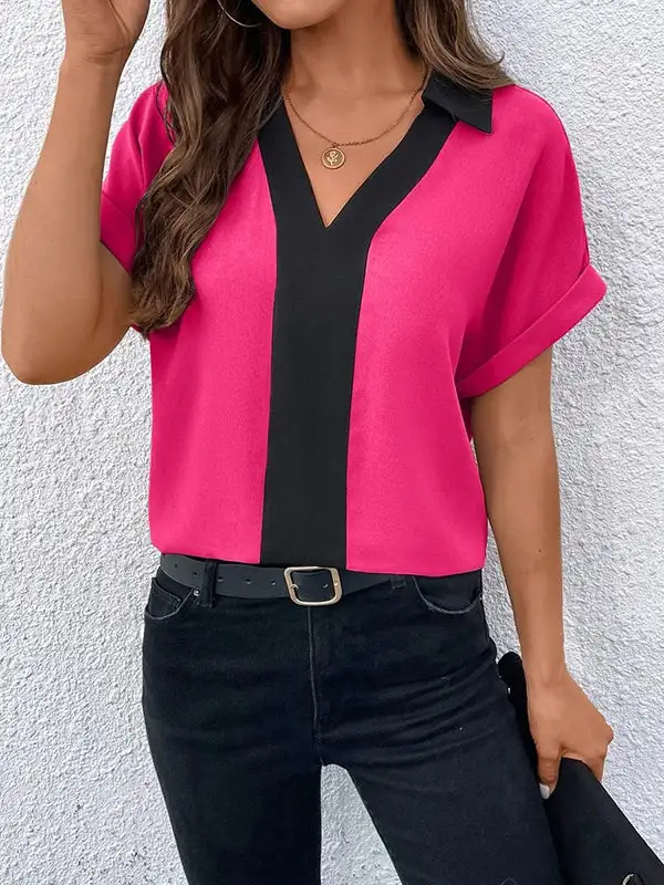 Relaxed Short Sleeve Contrast V-Neck T-Shirt