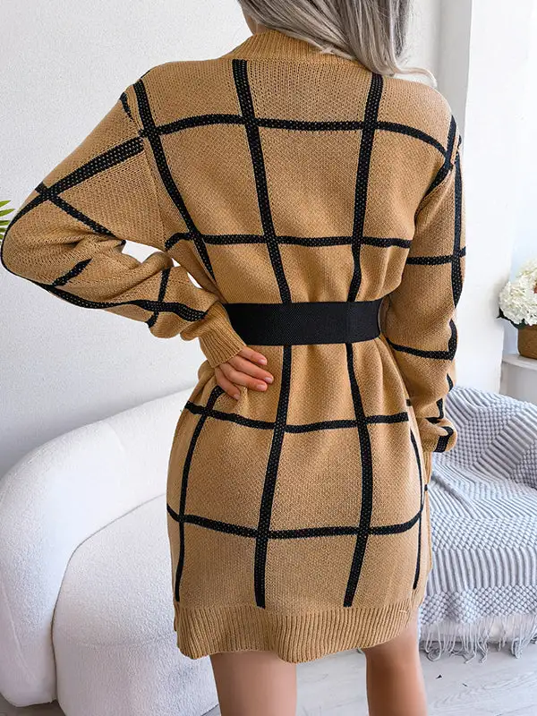 Elasticated Waist Long Sleeve Belted Contrast Color Plaid Round Neck Mini