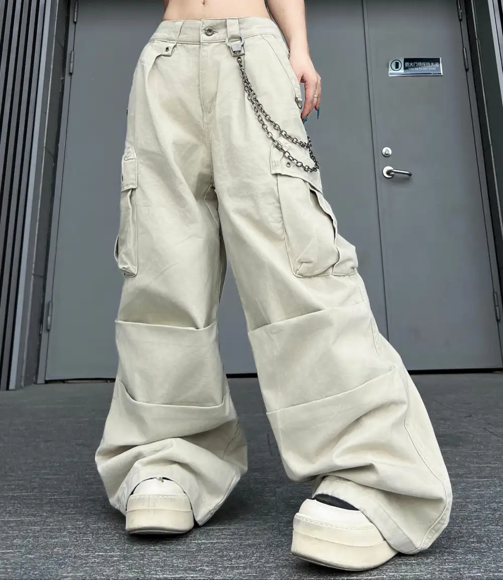 Pleated Multi Pocket Parachute Wide Leg Cargo Pants