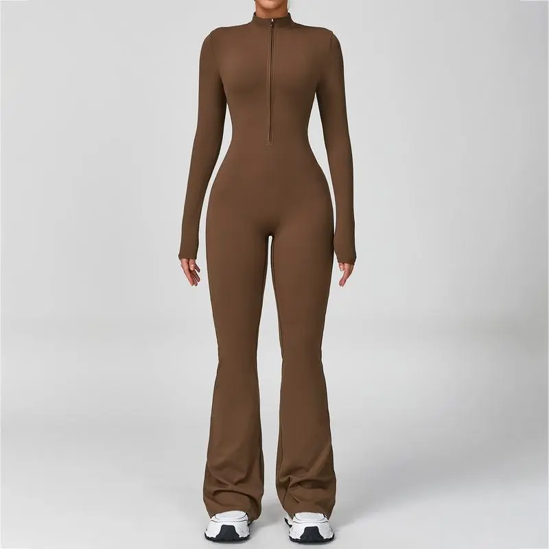 Women's Long Sleeve Flared Sports Jumpsuit - Zipper Jumpsuit, Wide Leg Bodysuit, Sexy One-Piece Yoga Jumpsuit