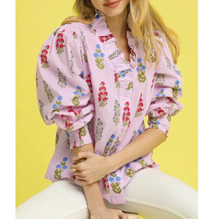 Print Lantern Sleeve Button Down Shirt