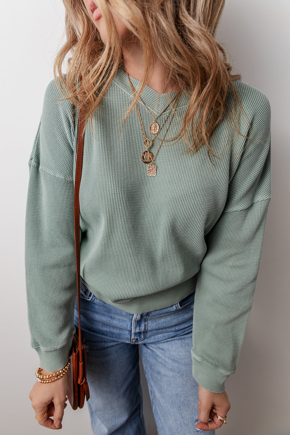 Women's Waffle Knit V Neck Drop Shoulder Top