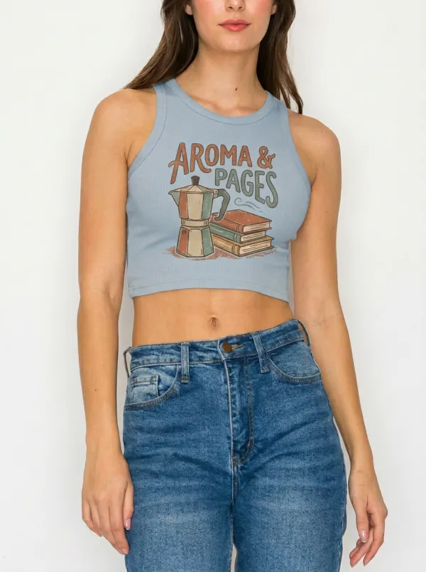 Women's Coffee Book Lover Aroma & Pages Printed Crop Tank Top
