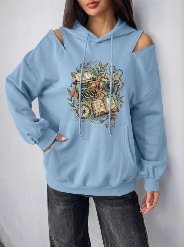 Women's Writer Traveler Vintage Stationery Printed Cold Shoulder Hoodie