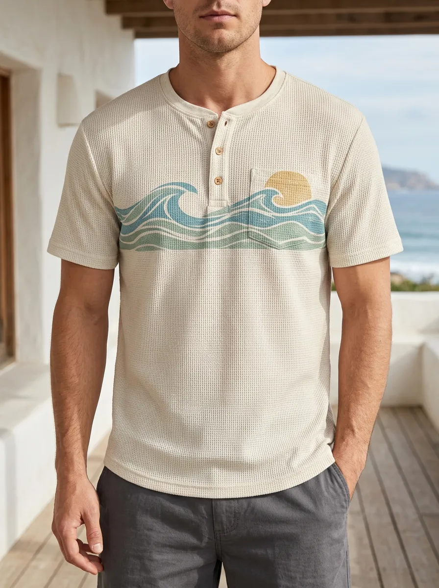 Men's Beach Lover Ocean Wave Sun Printed Waffle Henley T-shirt