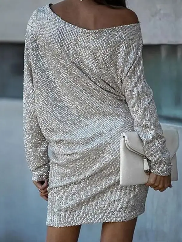 A Line Relaxed Asymmetric Sequined Solid Color One Shoulder Mini Dress