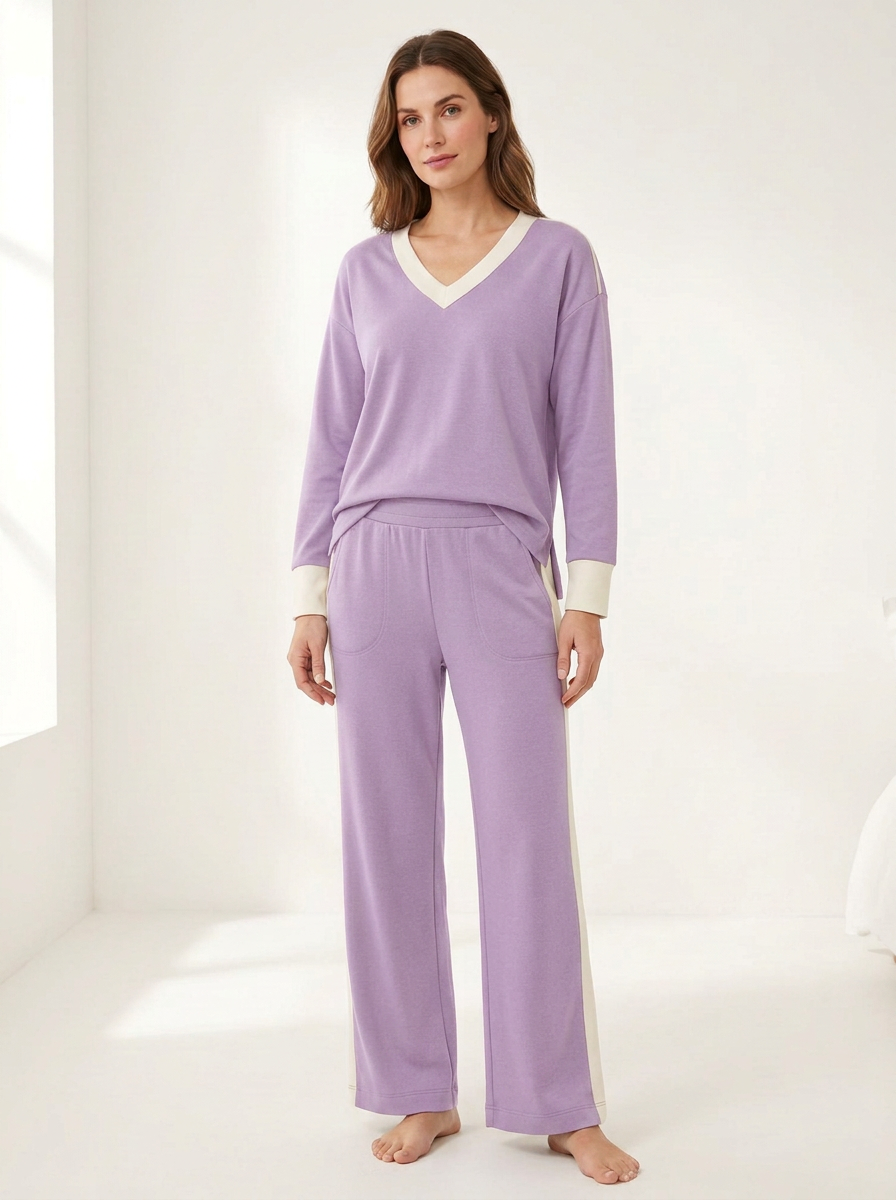 Women's Side-Slit V-Neck Piped Straight-Leg Lounge Set