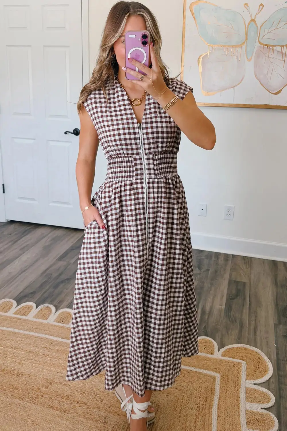 Plaid Printed Zip Front Maxi Dress