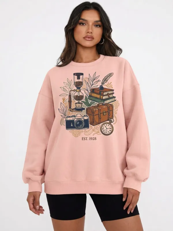 Women's Vintage Traveler Coffee Books Camera Graphic Crewneck Sweatshirt