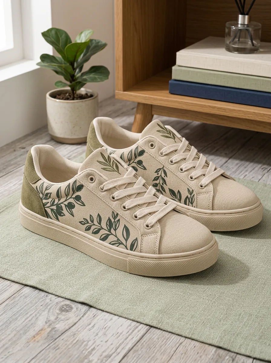 Women's Botanical Olive Branch Printed Canvas Sneakers