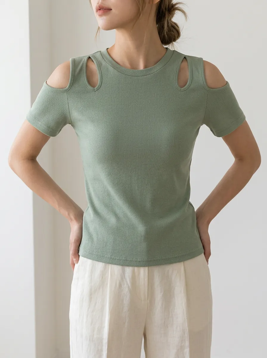 Women's Sage Green Cold Shoulder Ribbed Knit Top