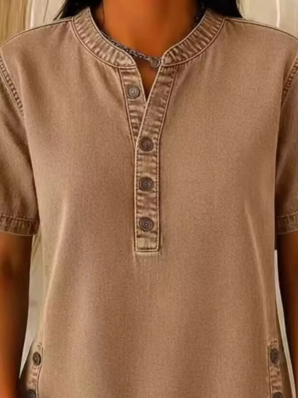 Button Detail Short Sleeve Blouse Plus