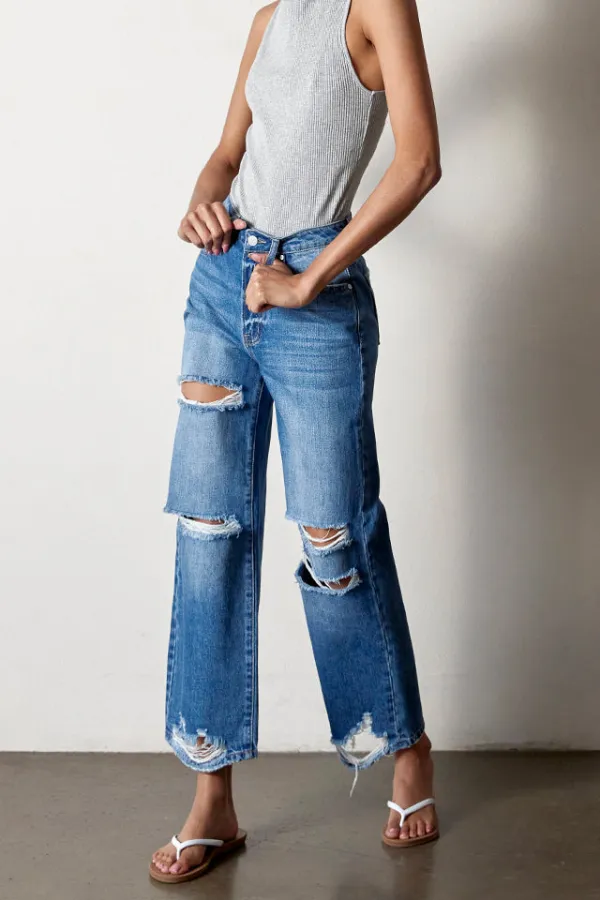 Women's Everyday Ripped Straight Rigid Denim Jeans