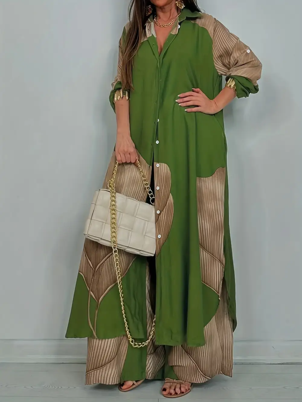 Button-down Shirt & Wide-leg Pants Neutral Statement Set