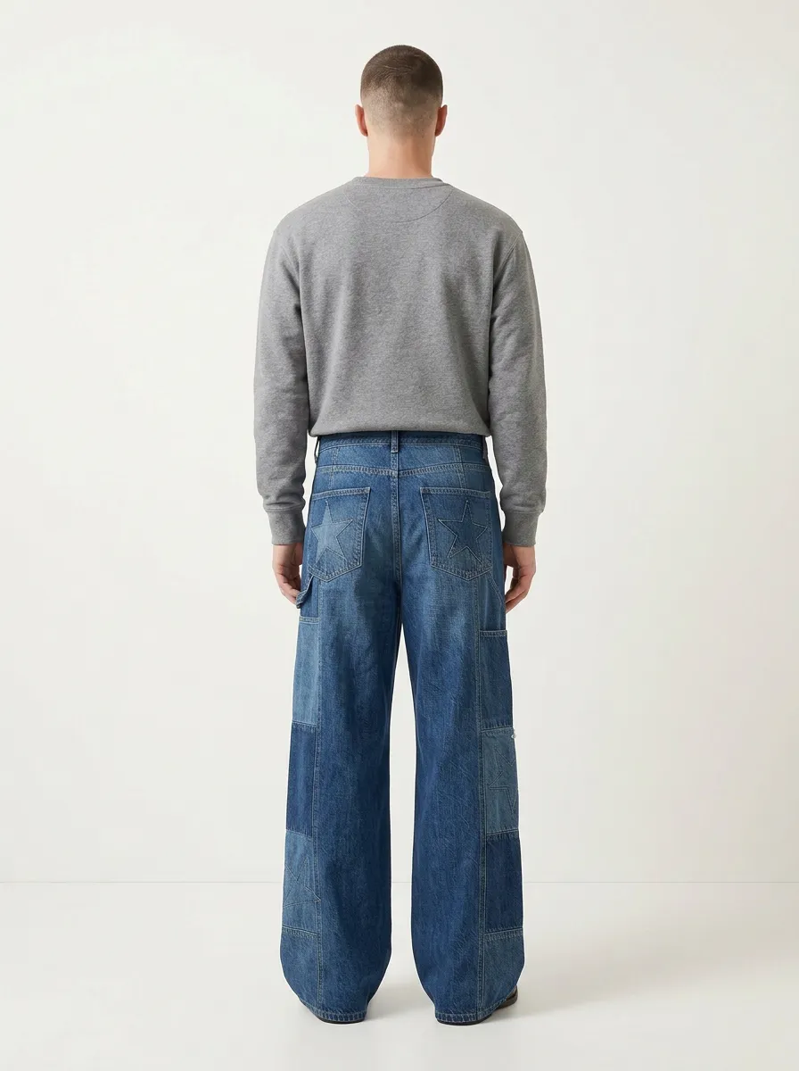 Wide Leg Patchwork Star Graphic Men's Loose Fit Jeans