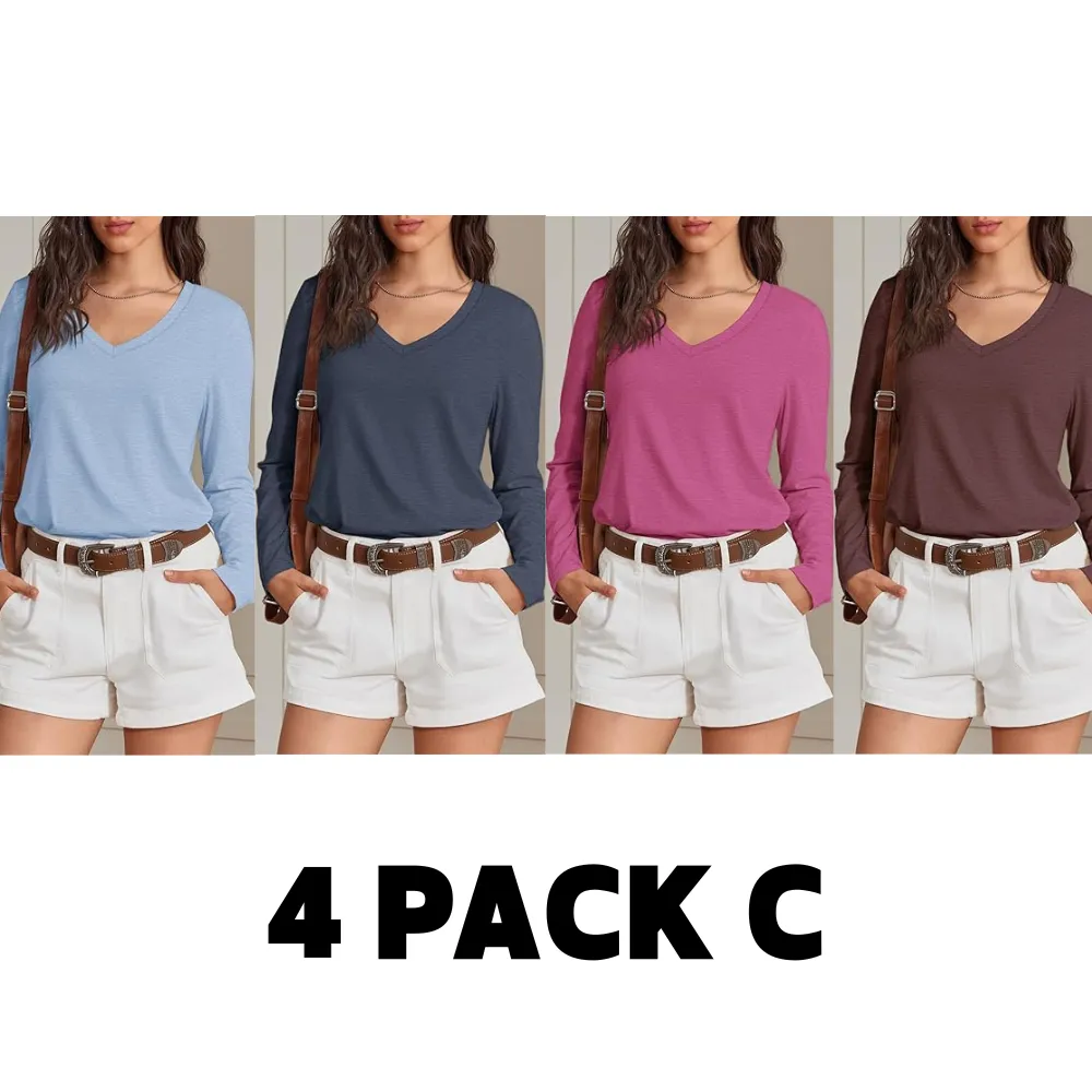 Women's V-Neck Long Sleeve Tee - Soft Curved Hem Top