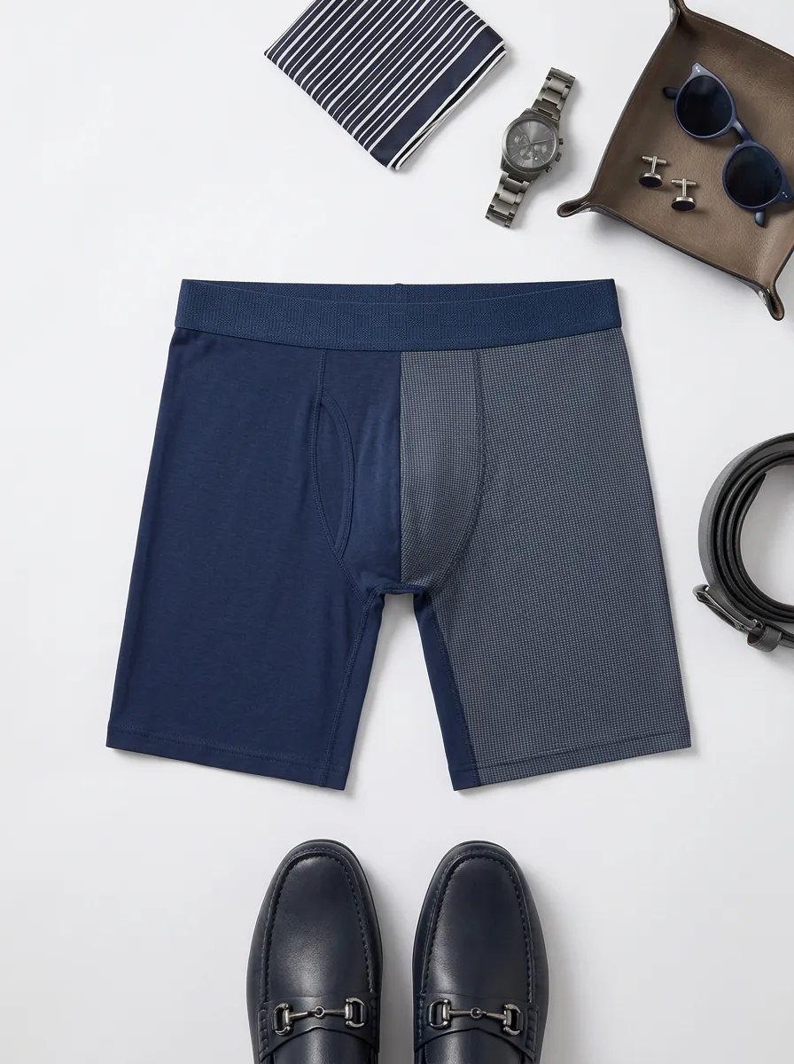 Men's Navy Blue Two-Tone Grid Pattern Printed Boxer Briefs