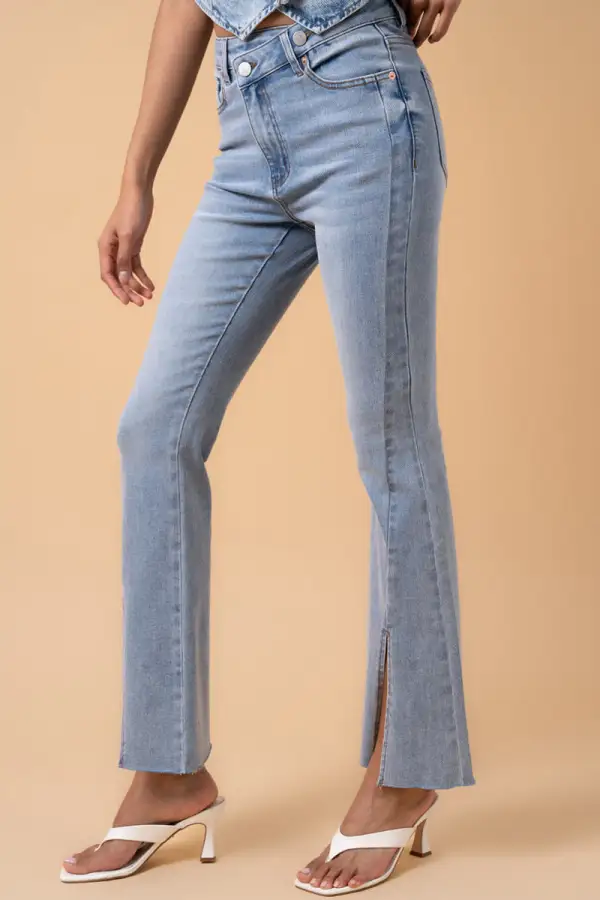Women's High Rise Crossover Front Slit Slim Bootcut Stretch Denim Jeans