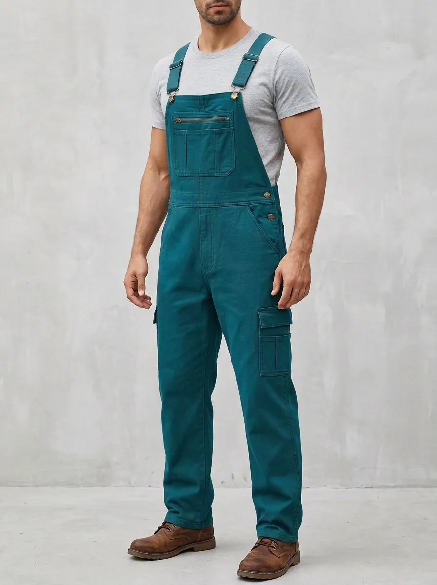 Men's Casual Olive Green Cargo Bib Overalls