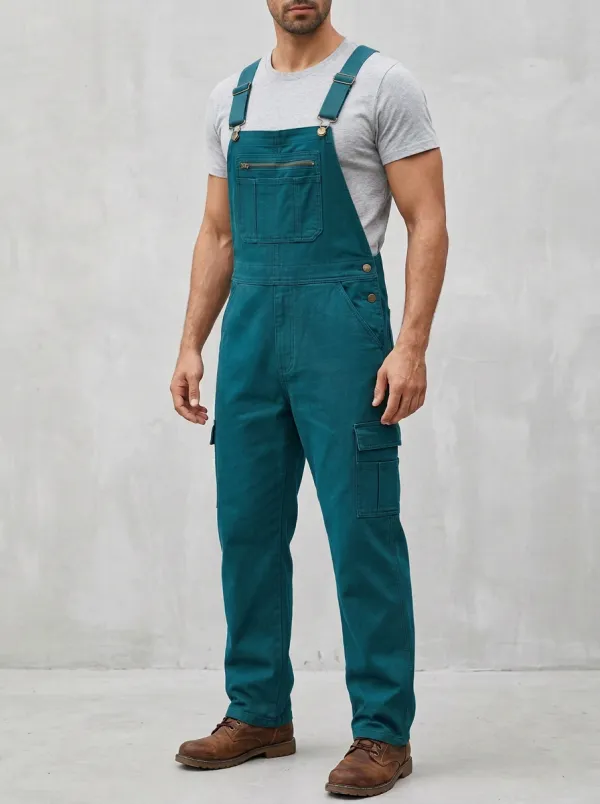 Men's Casual Olive Green Cargo Bib Overalls