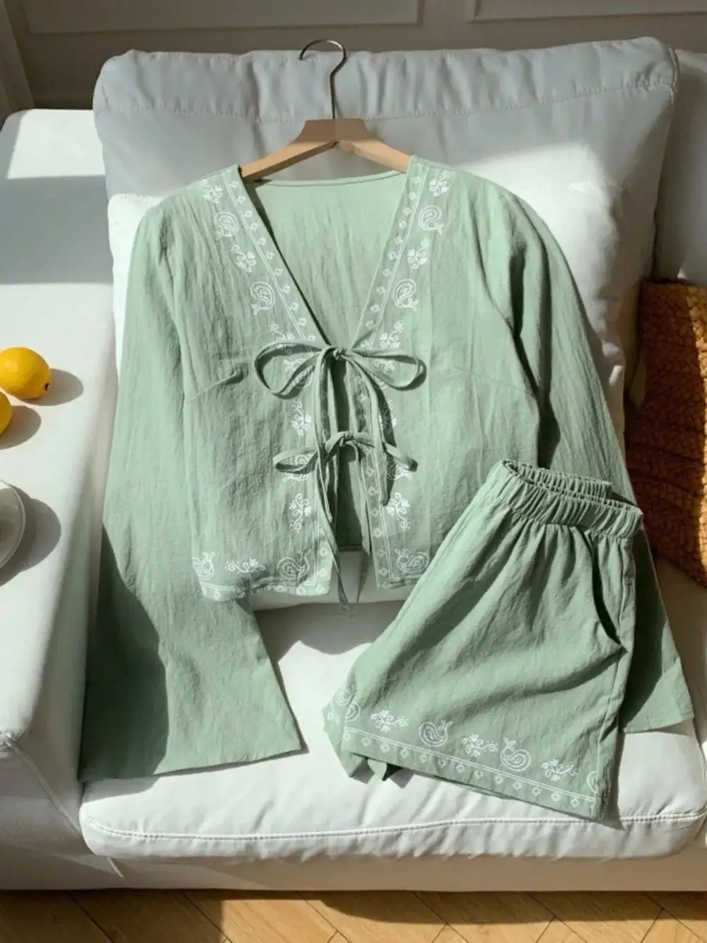 Embroidered Tie Front Top & Shorts Set