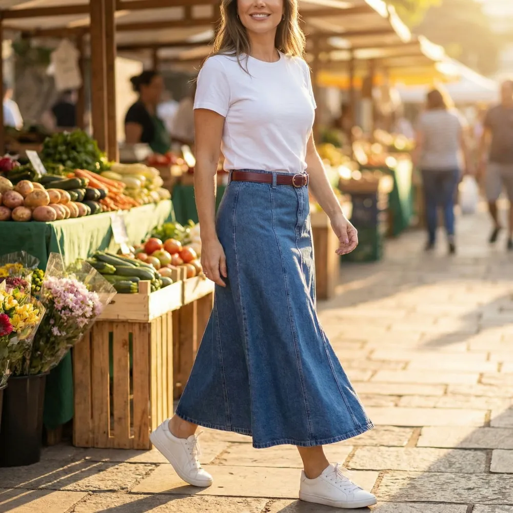 Flattering High Waist Denim Maxi Skirt Jeans