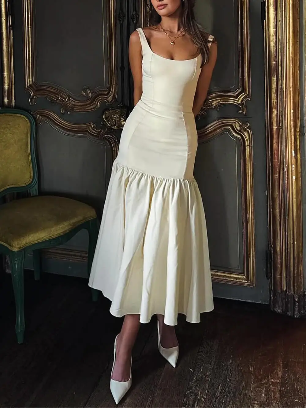 Graceful Square Neck Wide Strap Drop Midi Dress