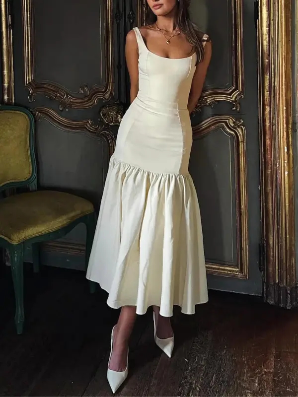 Graceful Square Neck Wide Strap Drop Midi Dress