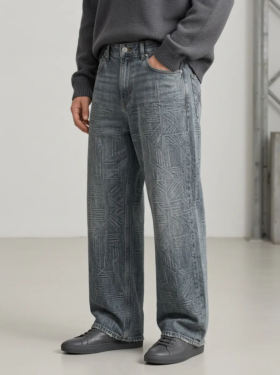 Men's Geometric Washed Wide Leg Jeans
