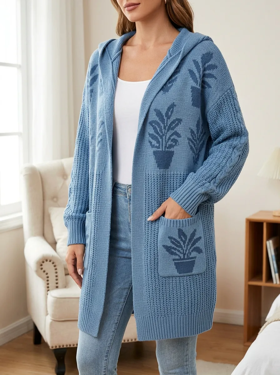 Women's Plant Potted Plant Pattern Knit Hooded Long Cardigan