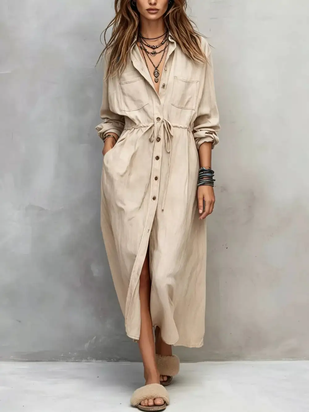 Button Front Long Sleeve Drawstring Waist Shirt Dress