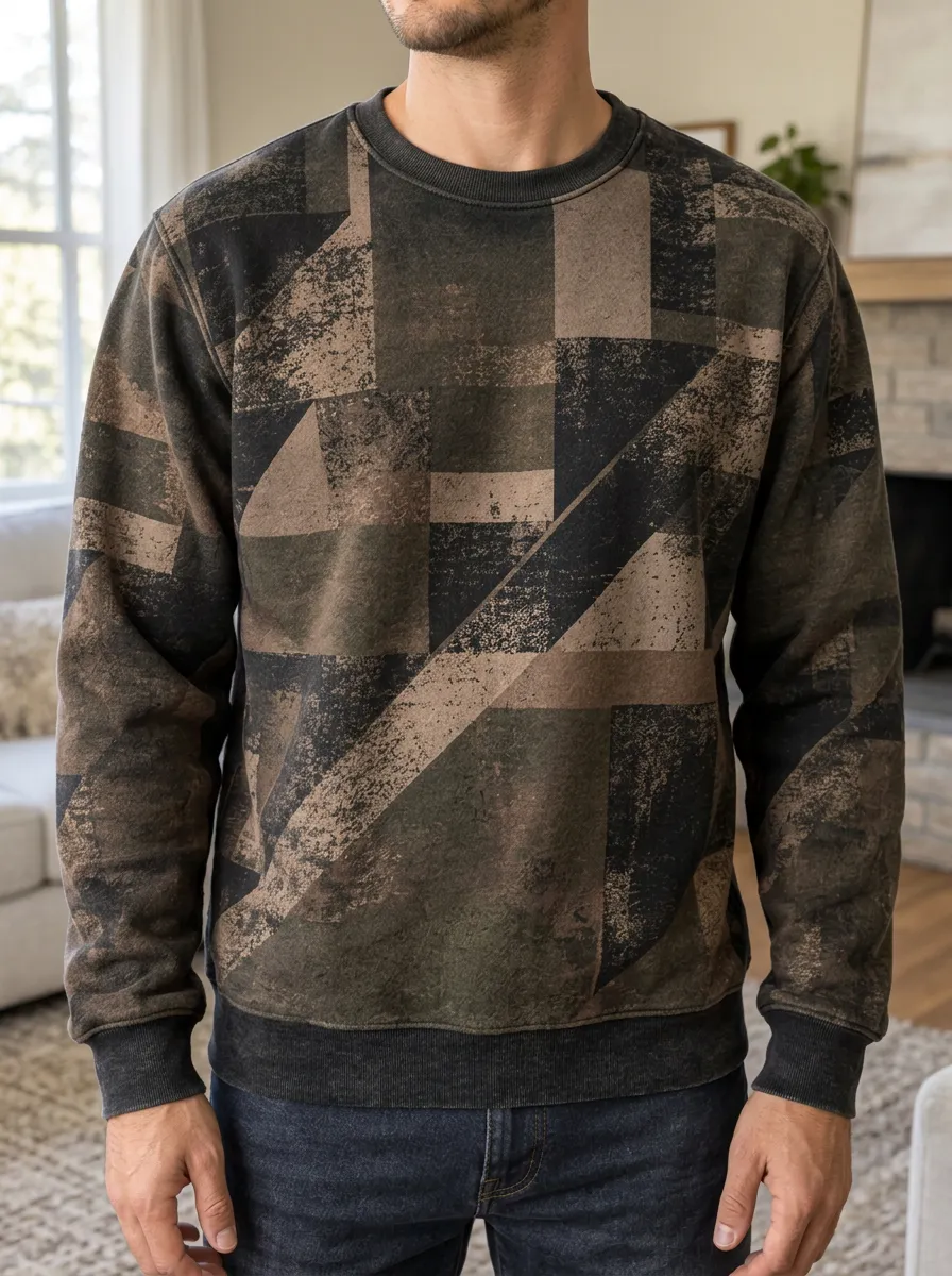 Men's Geometric Camo Pattern Distressed Printed Fleece Sweatshirt