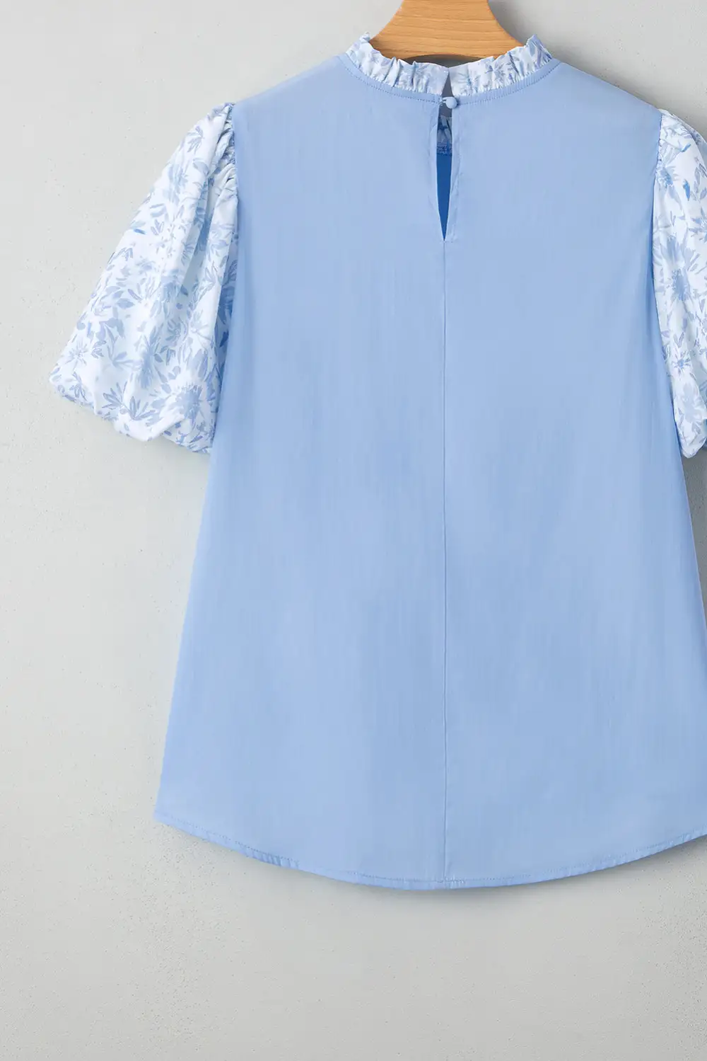 Blue Lace Insert Floral Puff Sleeve Patchwork Loose Blouse