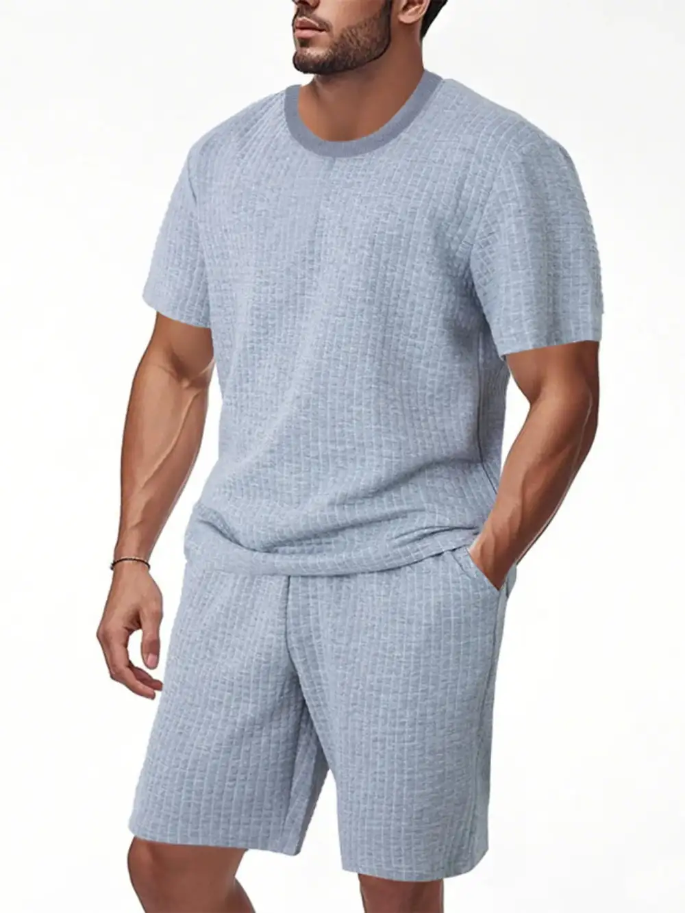 Textured Round Neck Top and Shorts Set