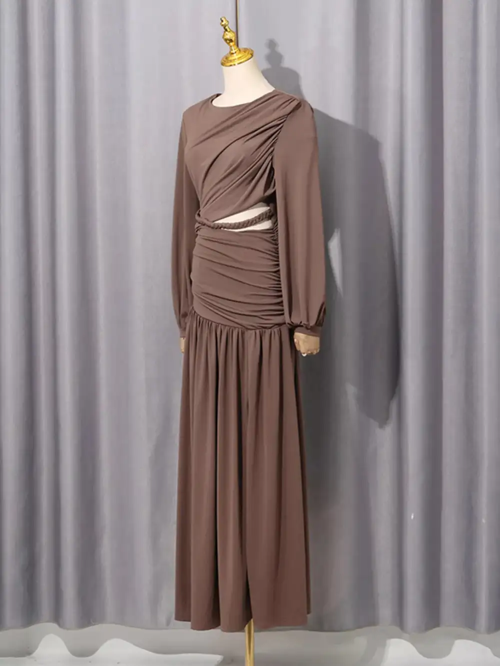 Ruched Long-Sleeve Maxi Dress With Cutout Detail