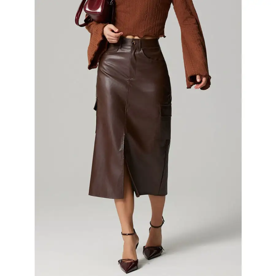 Slit Midi Skirt with Pockets